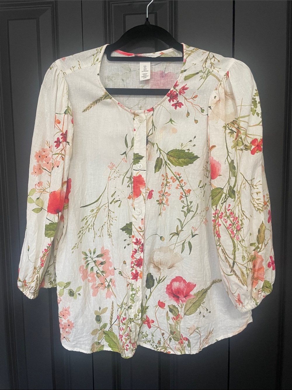 H&M Linen Blend Floral Button-Front Blouse with Pink & Green Accents